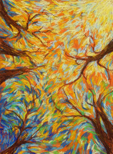 lente, bomen, Margot Maaskant, krijt, tekening, pastelkrijt, kijk omhoog, lucht, licht
